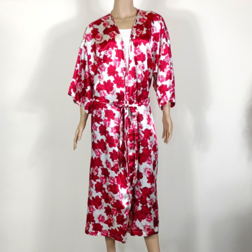 Serenade size 1X 18/20 Red & white floral rose print silky lightweight Robe